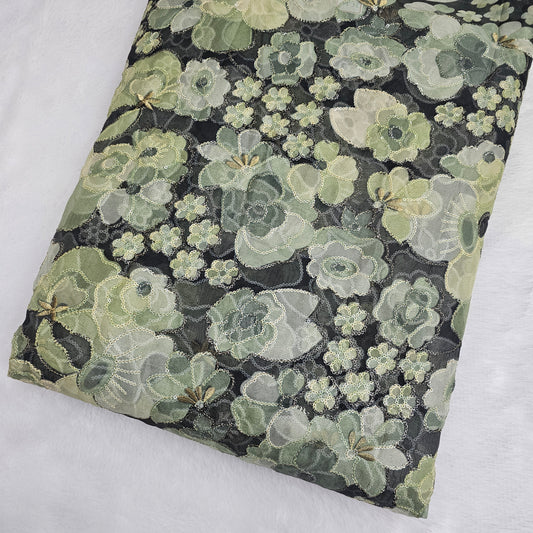 Green Organza Position Embroidered With Print 44"