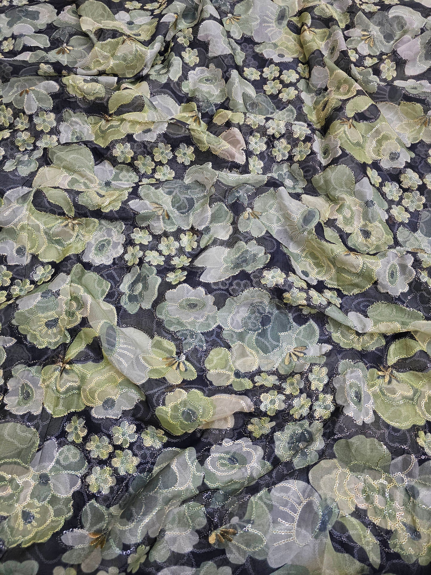 Green Organza Position Embroidered With Print 44"