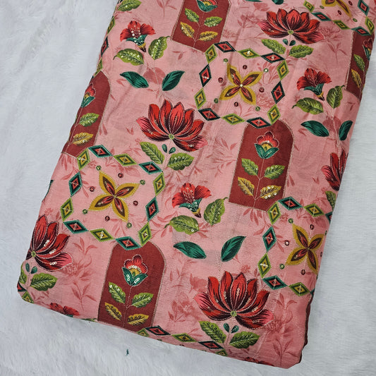 Peach Abstract Position Print On Chinon Fabric