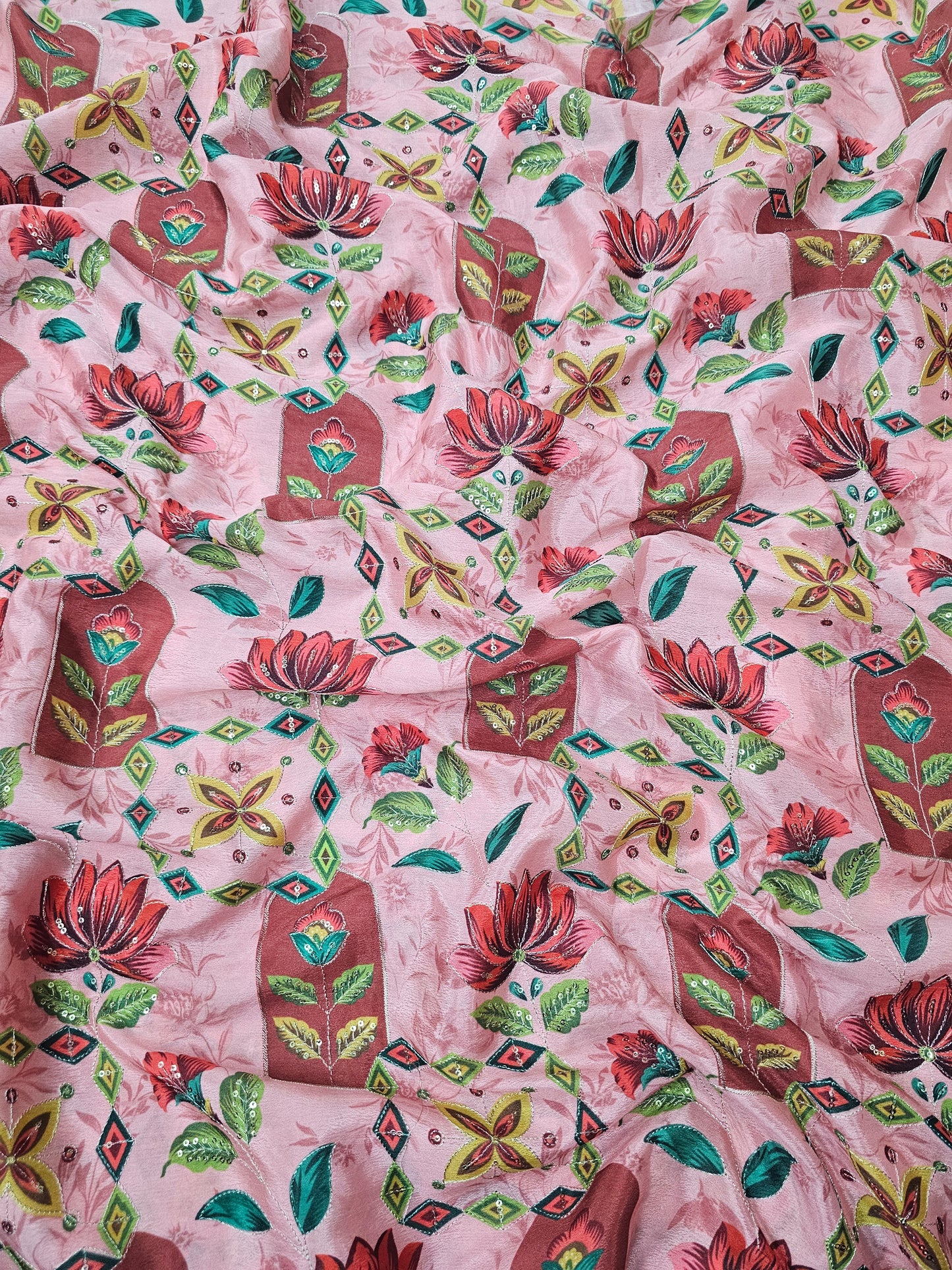 Peach Abstract Position Print On Chinon Fabric