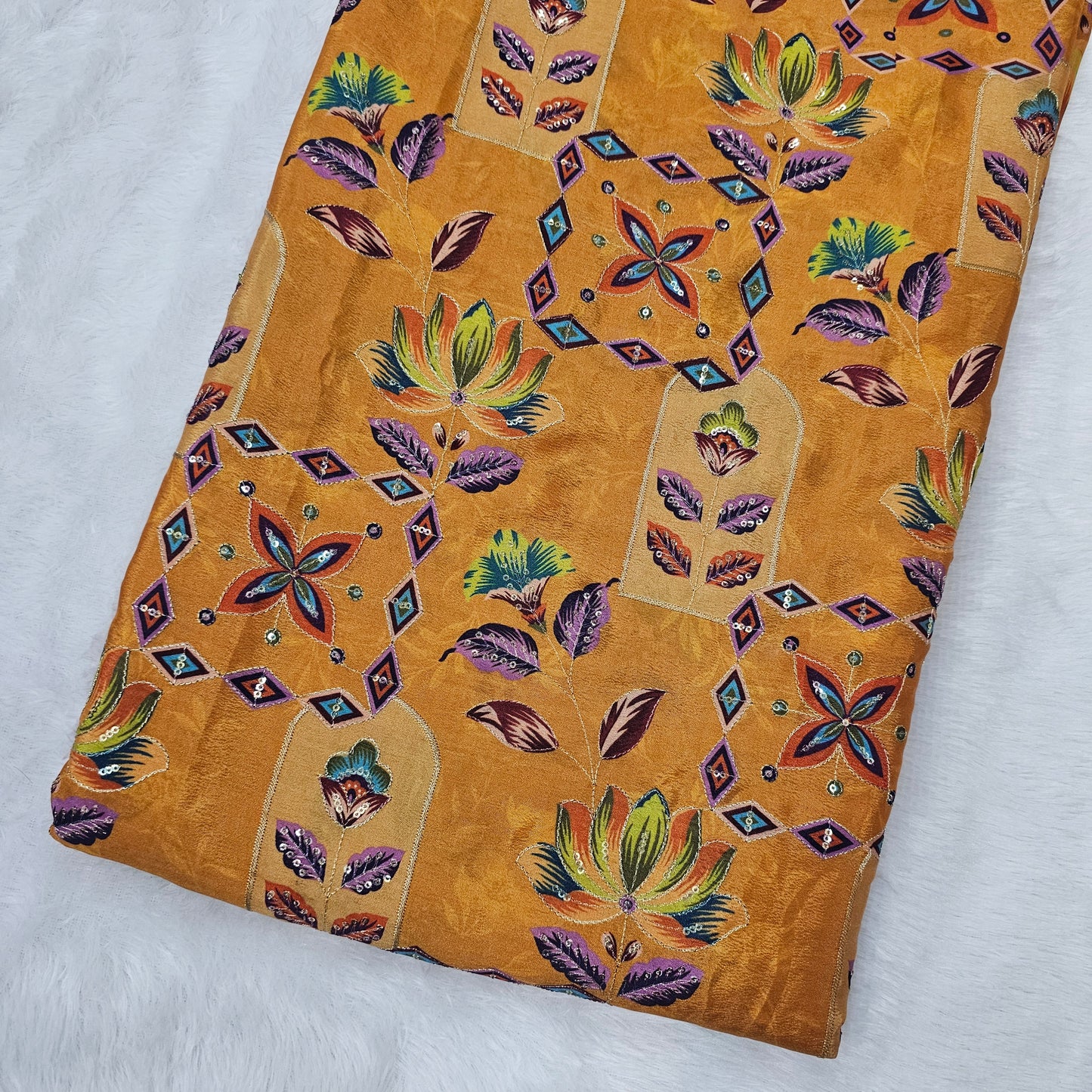 Mustard Abstract Position Print On Chinon Fabric
