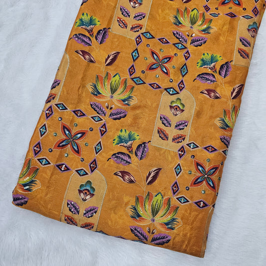 Mustard Abstract Position Print On Chinon Fabric