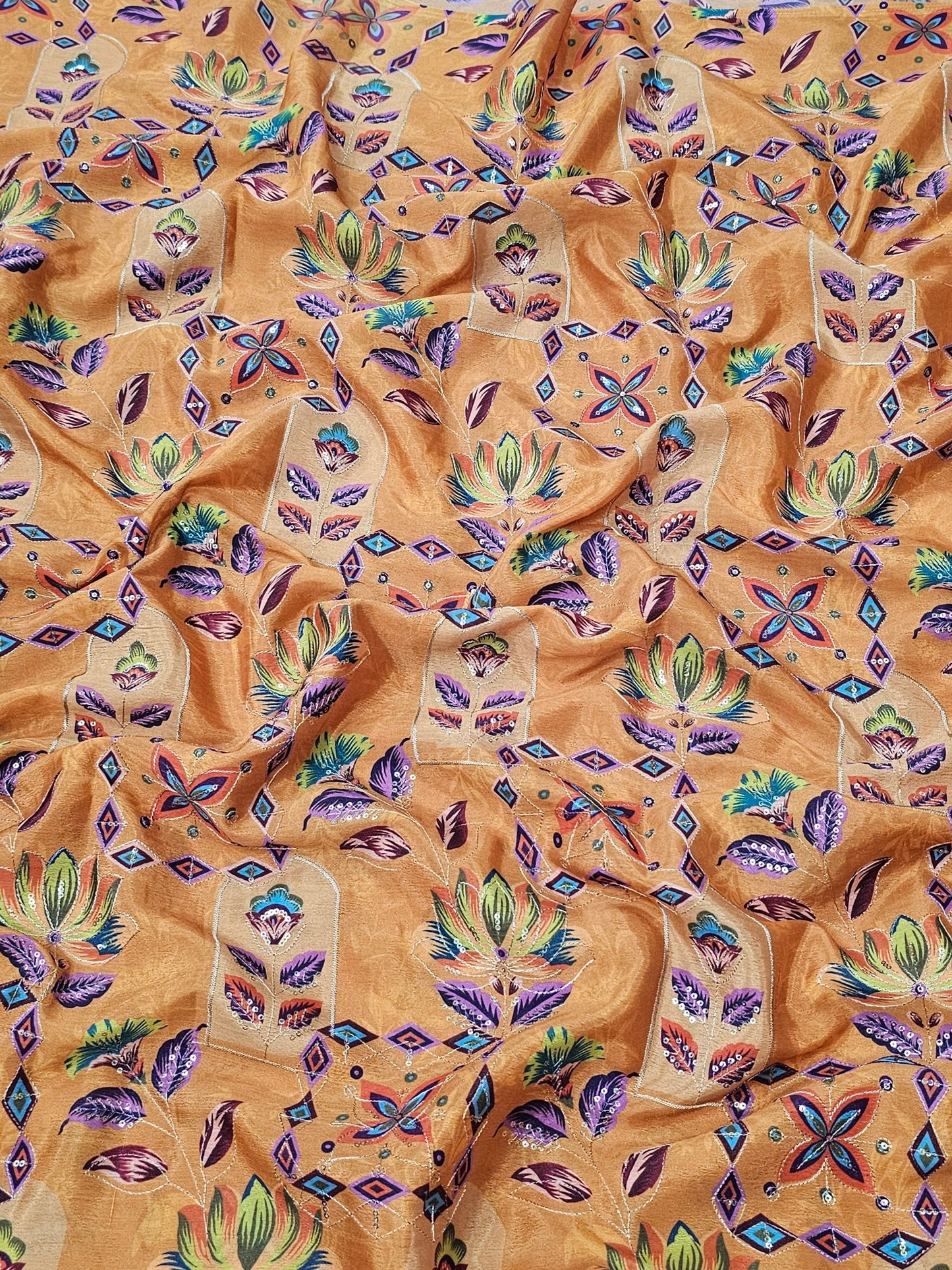 Mustard Abstract Position Print On Chinon Fabric