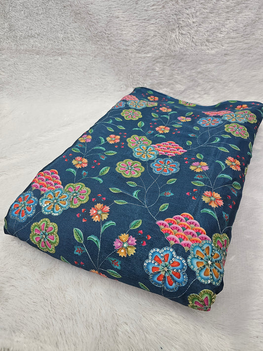 Rama Blue Floral Position Print On Chinon Fabric