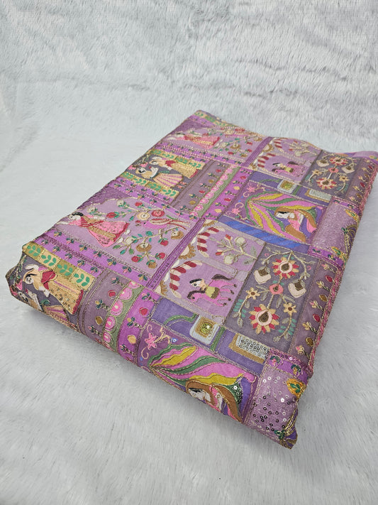 Lavender Color Raja Rani Position Print On D-Natural Crepe Fabric