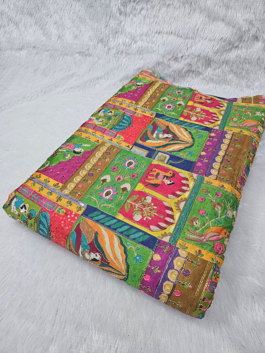 Multi Color Raja Rani Position Print On D-Natural Crepe Fabric