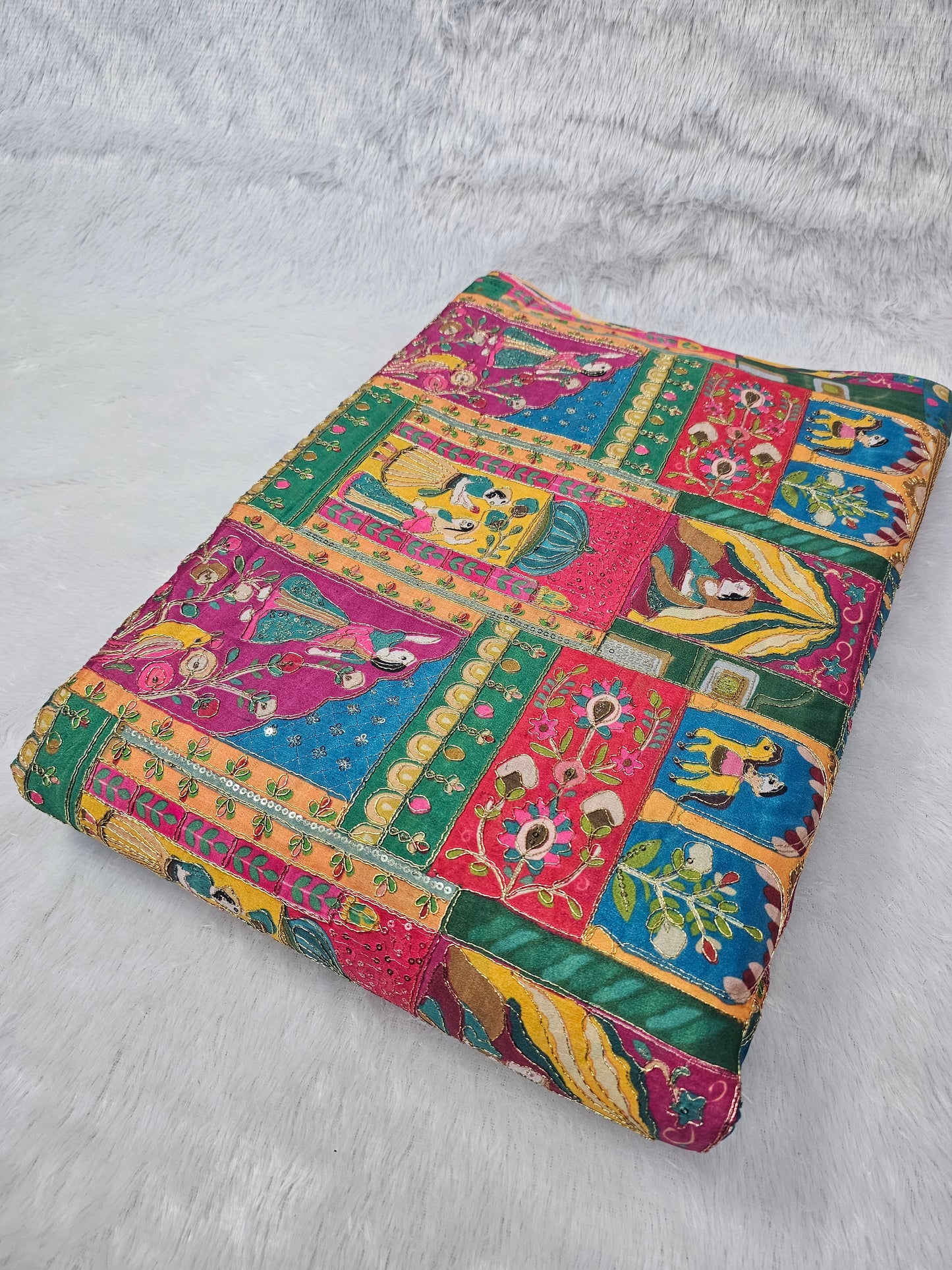 Multi Color Raja Rani Position Print D-Natural Crepe Fabric