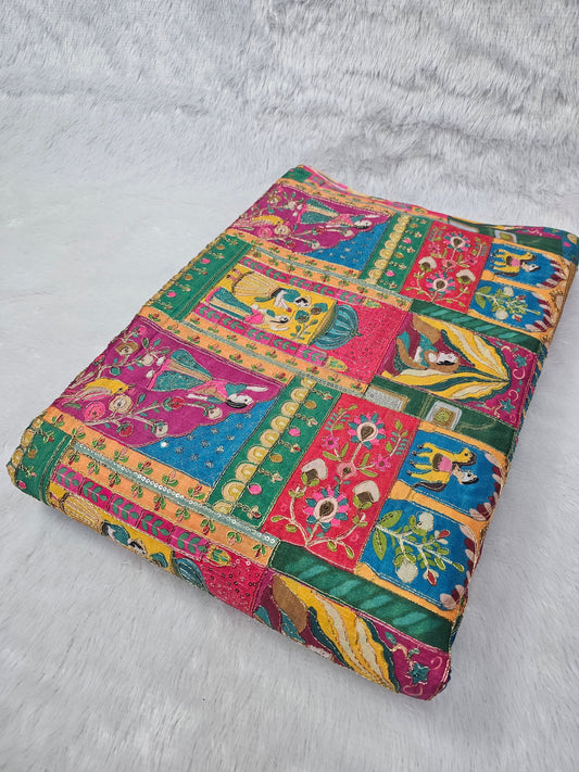 Multi Color Raja Rani Position Print D-Natural Crepe Fabric