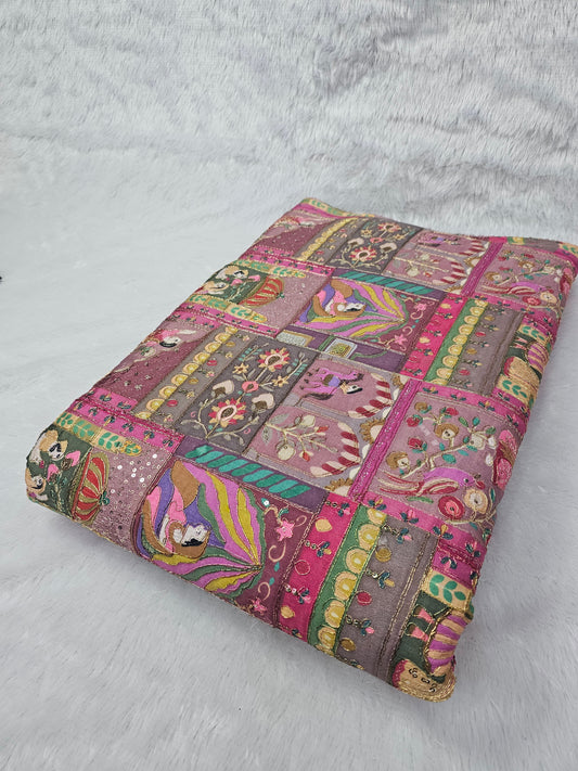 Multi Color Raja Rani Position Print D-Natural Crepe Fabric