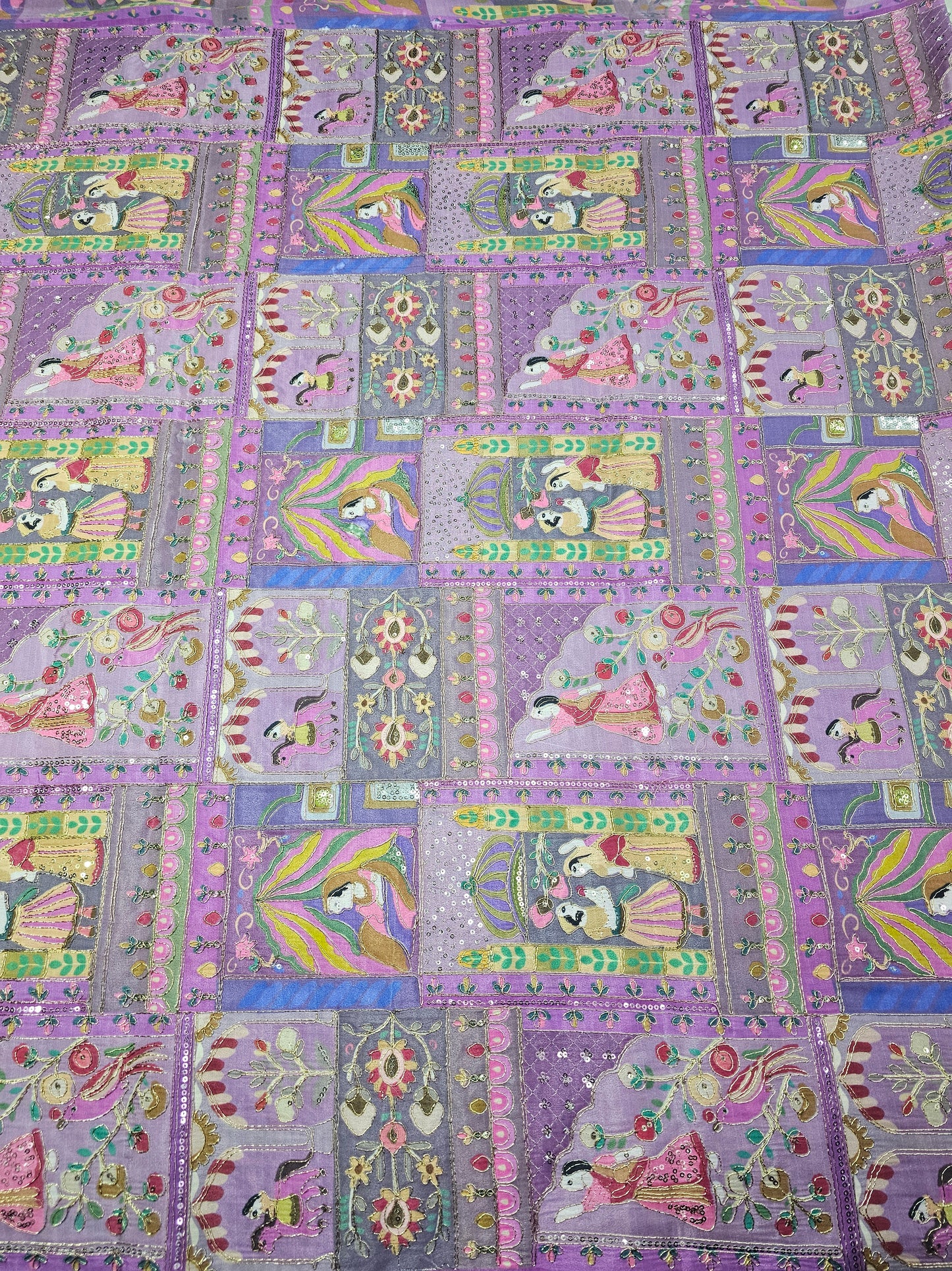 Lavender Color Raja Rani Position Print On D-Natural Crepe Fabric