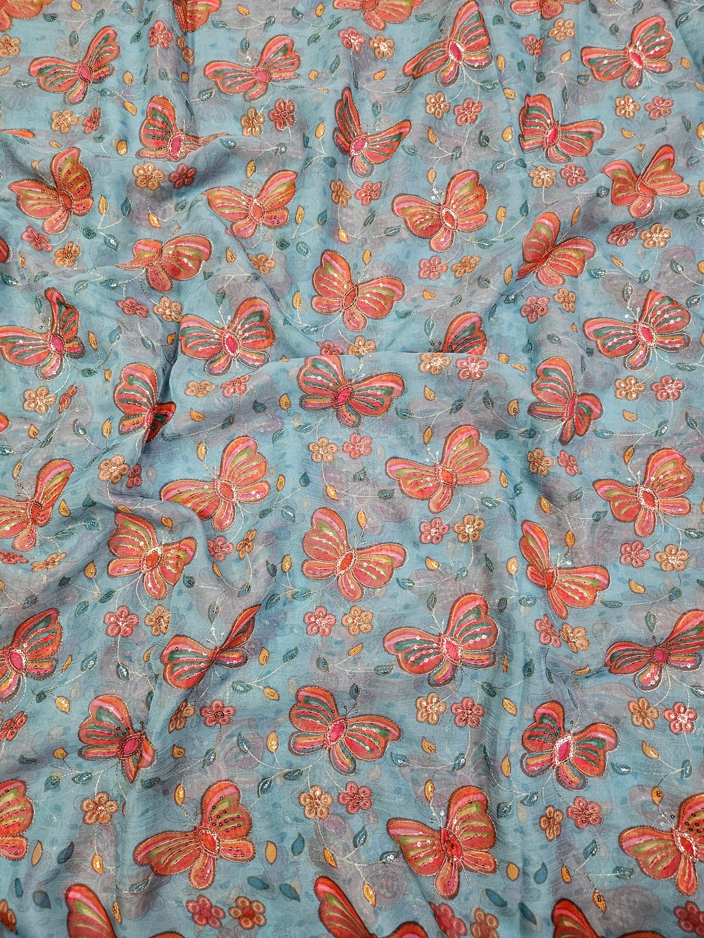 Blue Butterfly Tebby Organza Position Print Fabric