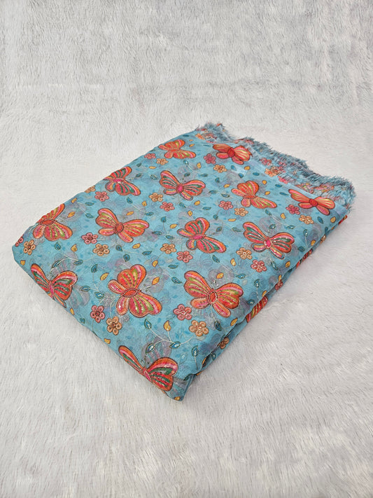 Blue Butterfly Tebby Organza Position Print Fabric