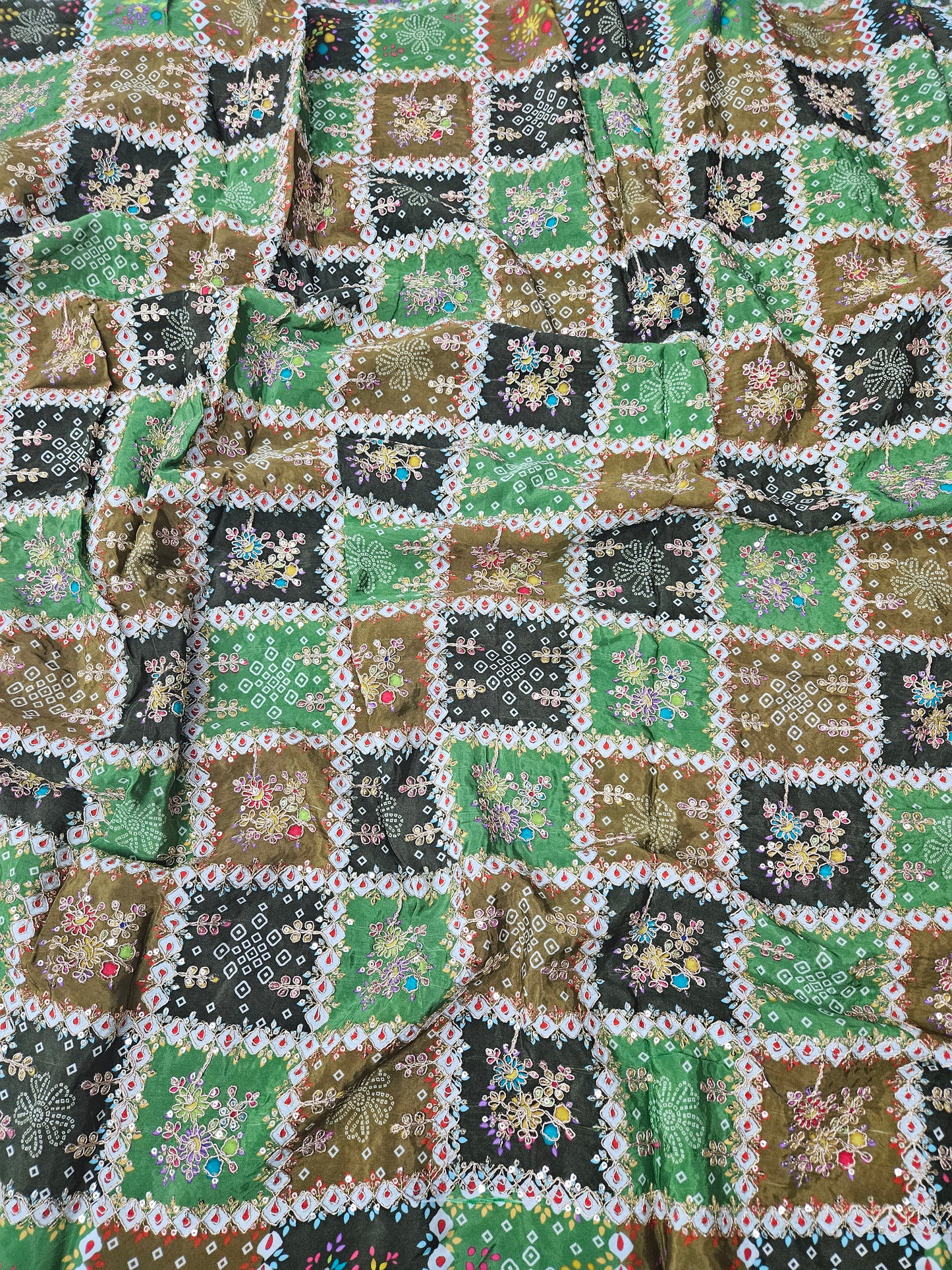 Green Bandhani Heavy Postion Print On Pure Natural Crepe