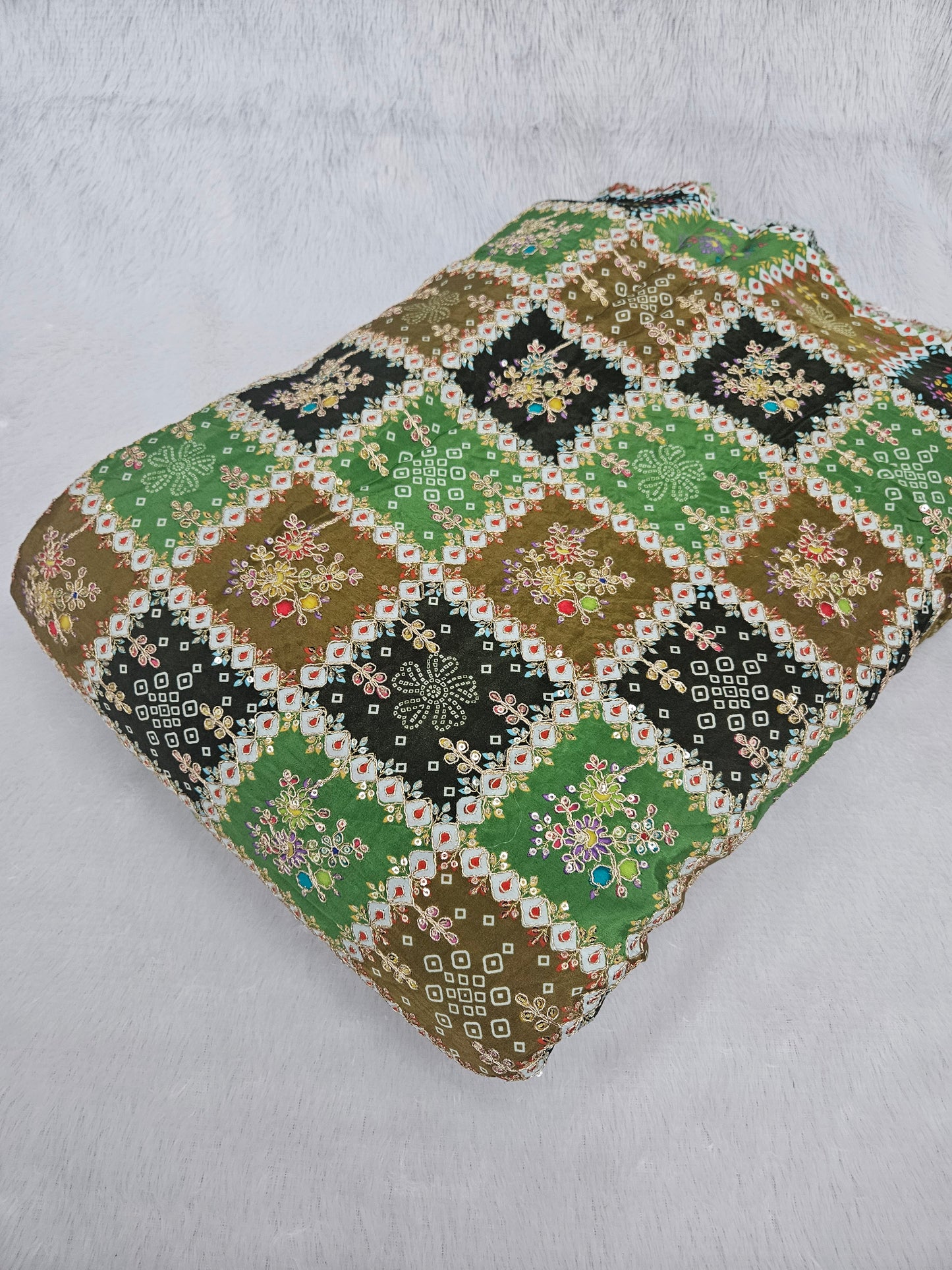 Green Bandhani Heavy Postion Print On Pure Natural Crepe
