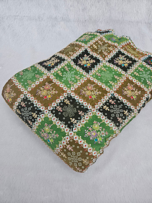 Green Bandhani Heavy Postion Print On Pure Natural Crepe