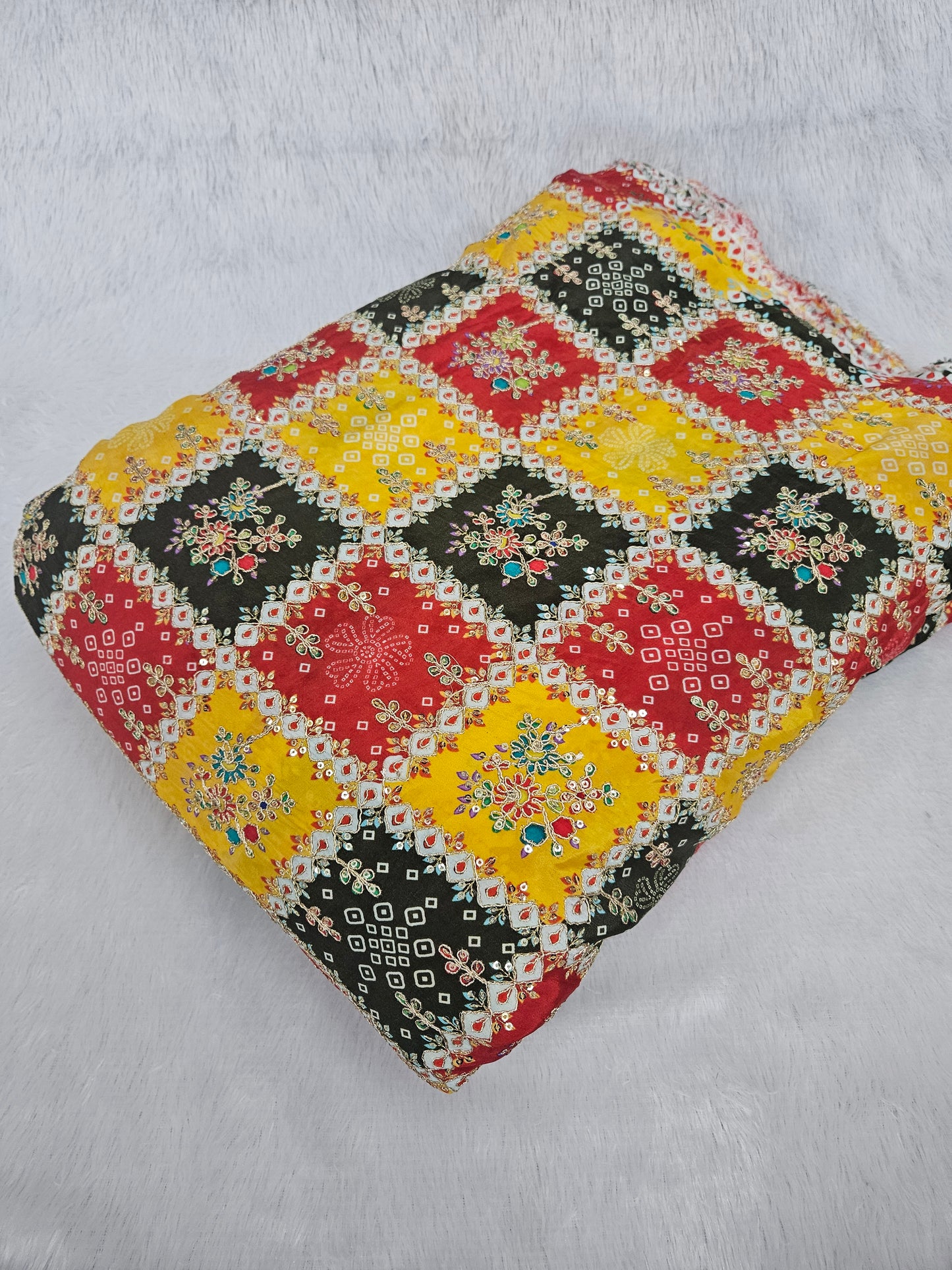 Yellow Bandhani Heavy Position Print On Pure Natural Crepe