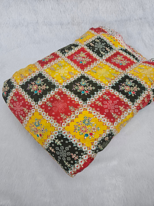 Yellow Bandhani Heavy Position Print On Pure Natural Crepe