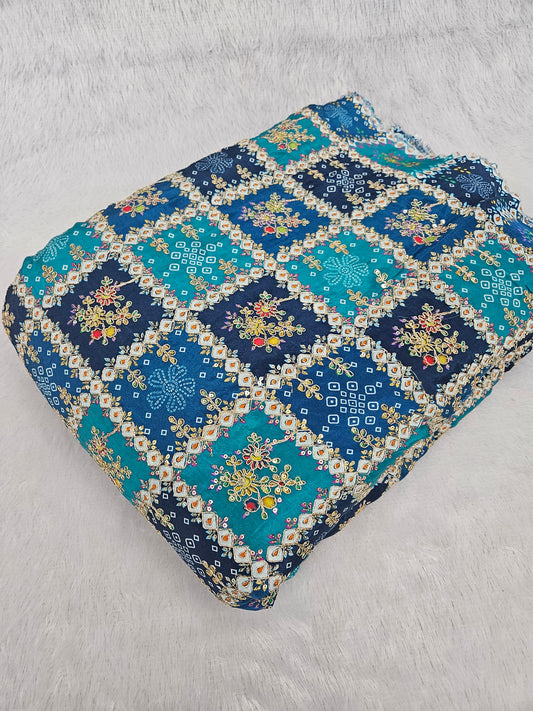 Blue Bandhani Heavy Position Print On Pure Natural Crepe
