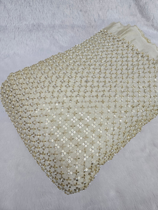 Dyeable Pure Viscose Shimmer Cosmos With Heavy Cut Dana Handwork Beads Embroidered 44"