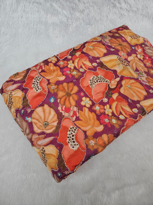 Wine D Natural Crepe Placement Position Cut Dana Handwork Brads With Embroidered 44"