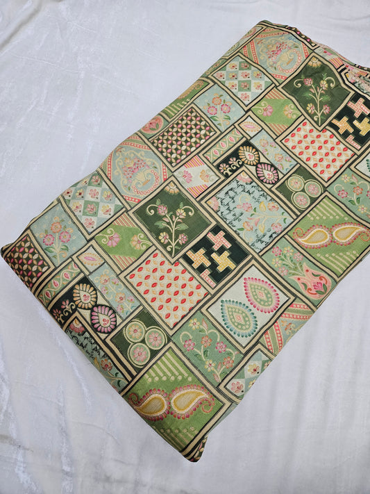 Parrot Green Dola Silk Jaquard Position Print 44"