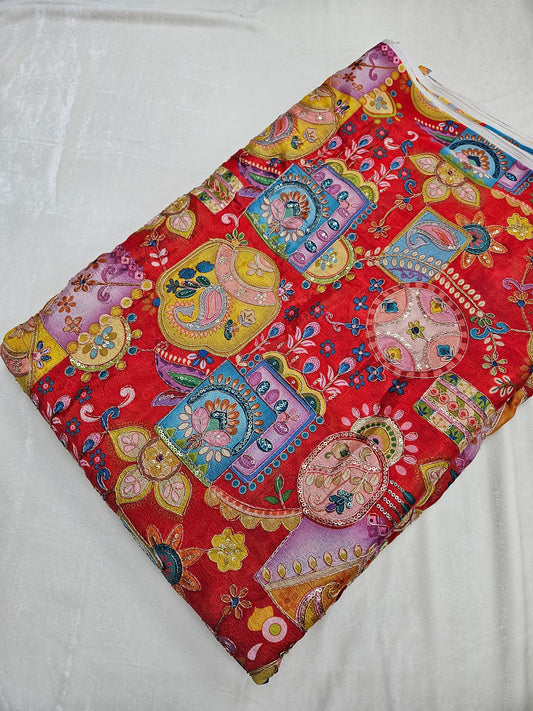 Red Chinon Position Embroidered With Print 44"