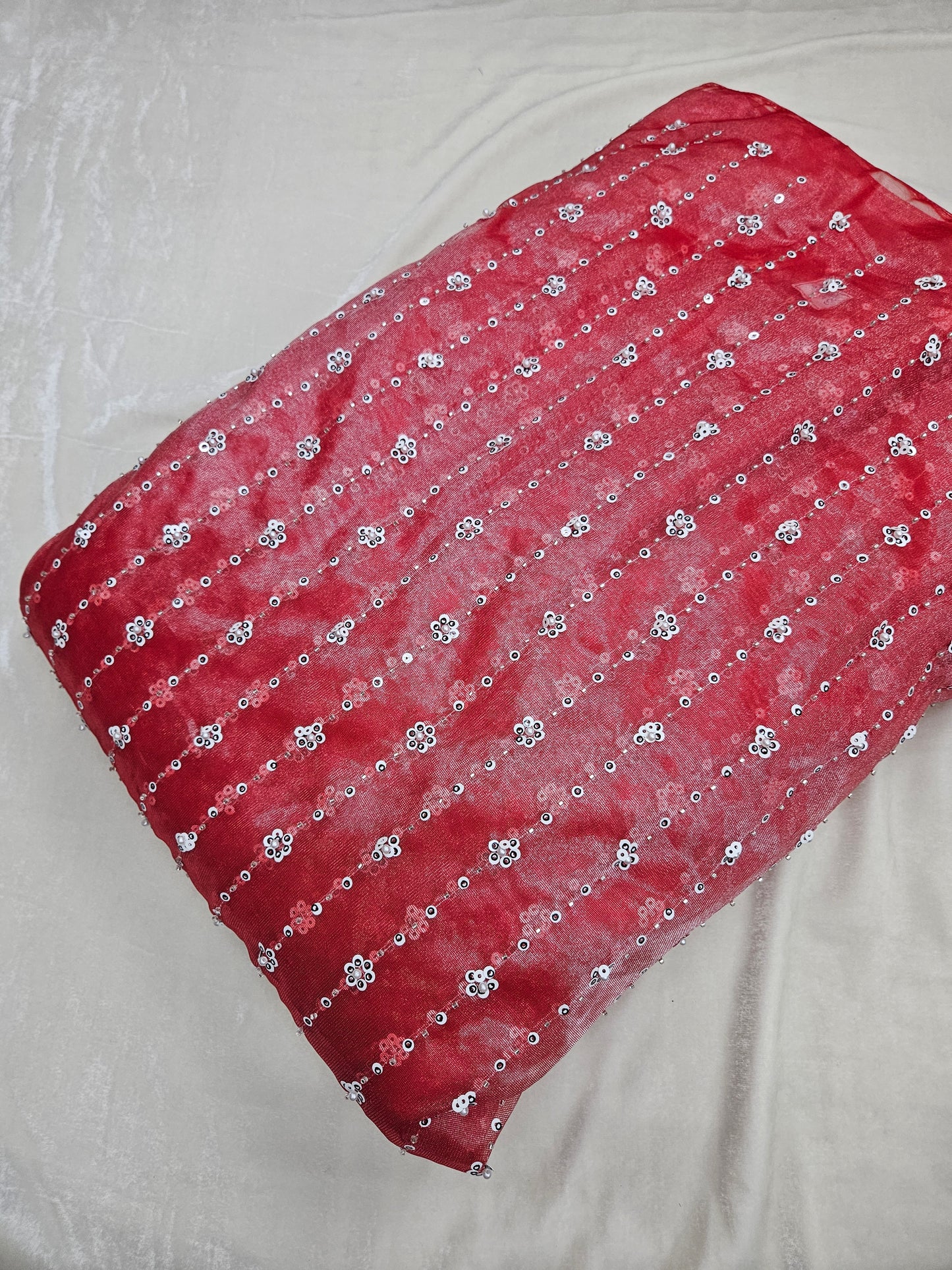 Red Twill Net Beads Embroidered 44"