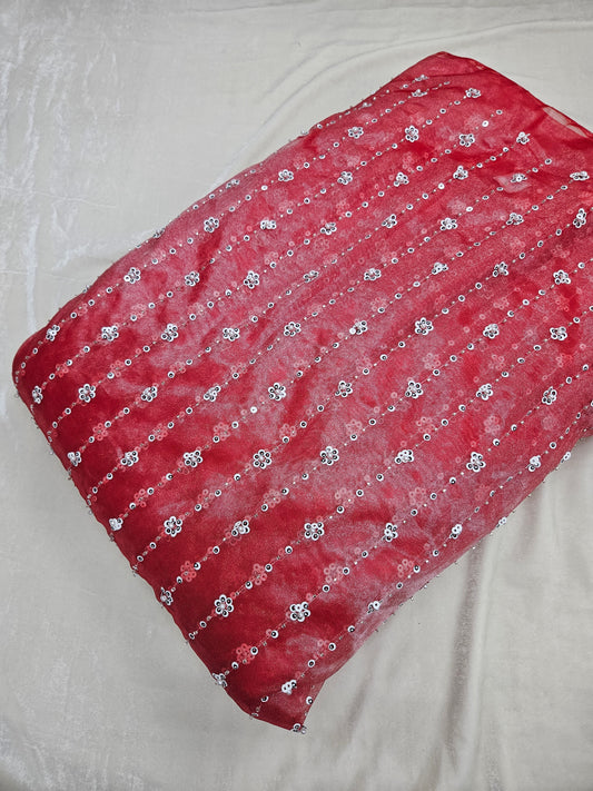 Red Twill Net Beads Embroidered 44"