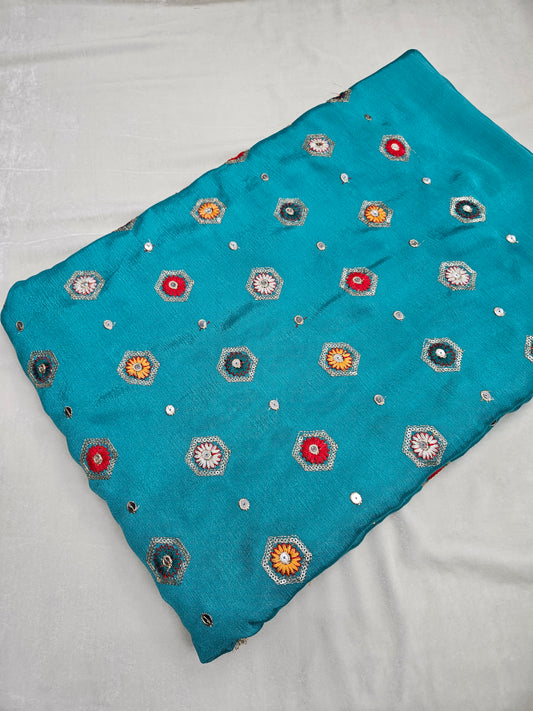 Rama Green Soft Chinon Multi Sequins Embroidery 44"