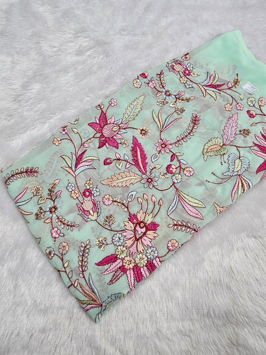 2.10 Meters Faux Georgette  Multi Thread Embroidered Cut Piece