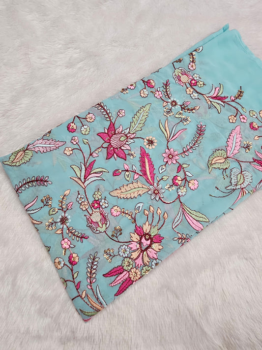1.50 Meters Faux Georgette Multi Thread Embroidered Cut Piece