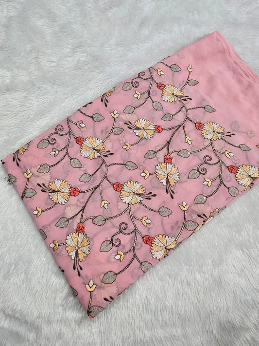 2.50 Meters Faux Georgette Multi Thread Embroidered Cut Piece