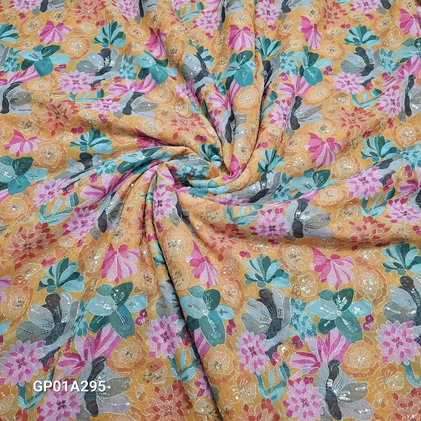 Yellow Georgette Position Embroidered With Print 44"