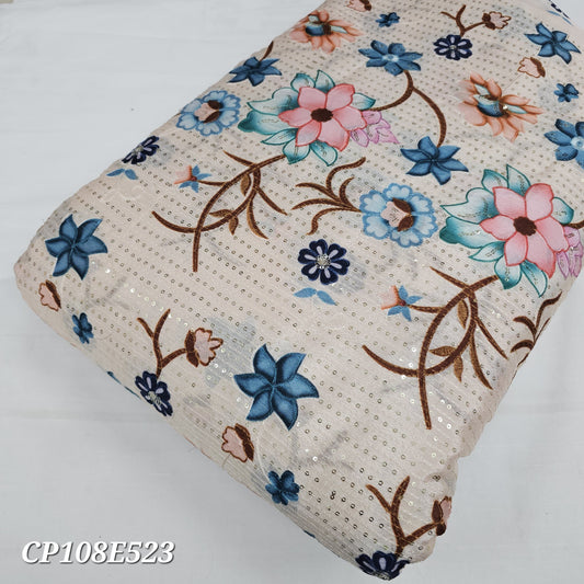 Beige Chinon Position Sequins Embroidery With Print 44"
