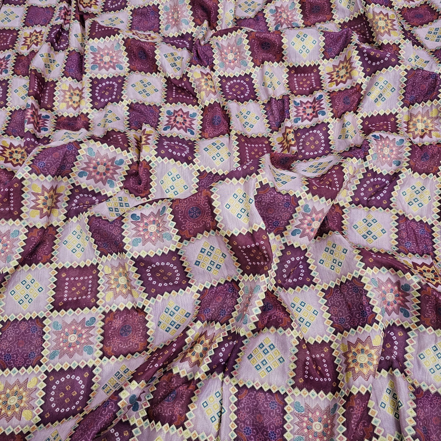 Wine Silk Bandhani Jaquard Position Print 44"