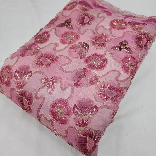 Pink Tissue Zari Position Beads Embroidery With Print 44"