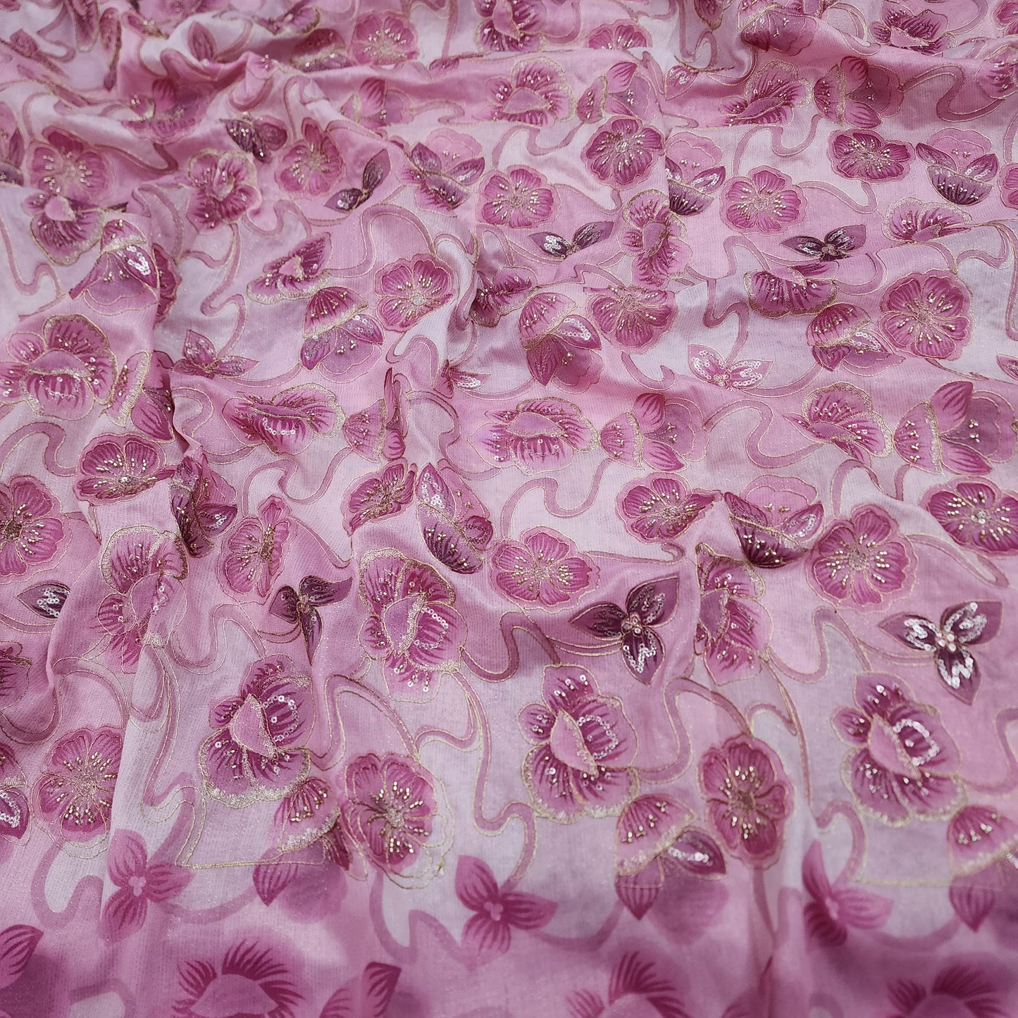Pink Tissue Zari Position Beads Embroidery With Print 44"