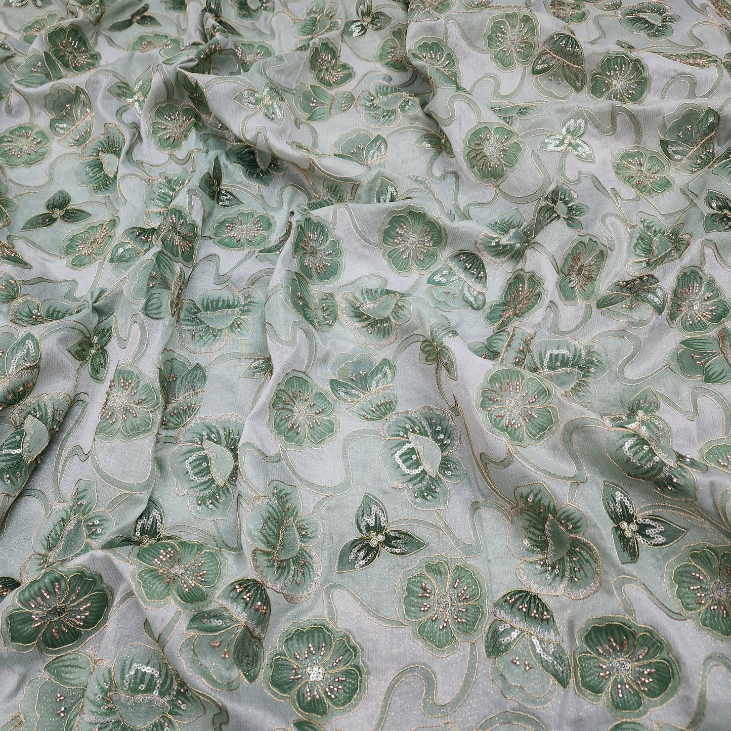 Green Tissue Zari Position Beads Embroidery With Print 44"