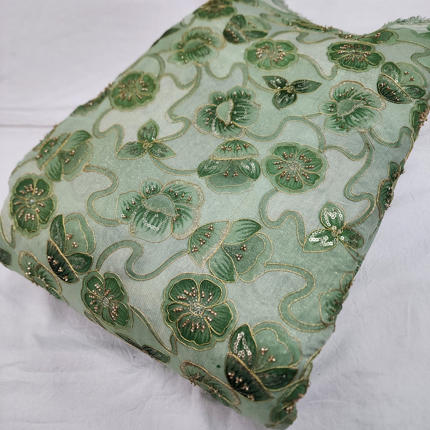 Green Tissue Zari Position Beads Embroidery With Print 44"