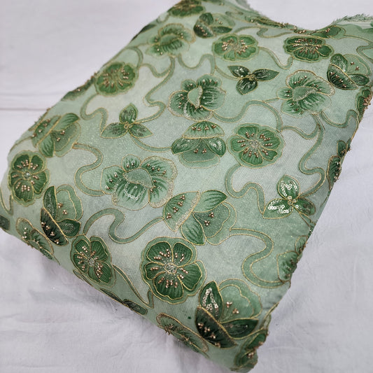 Green Tissue Zari Position Beads Embroidery With Print 44"