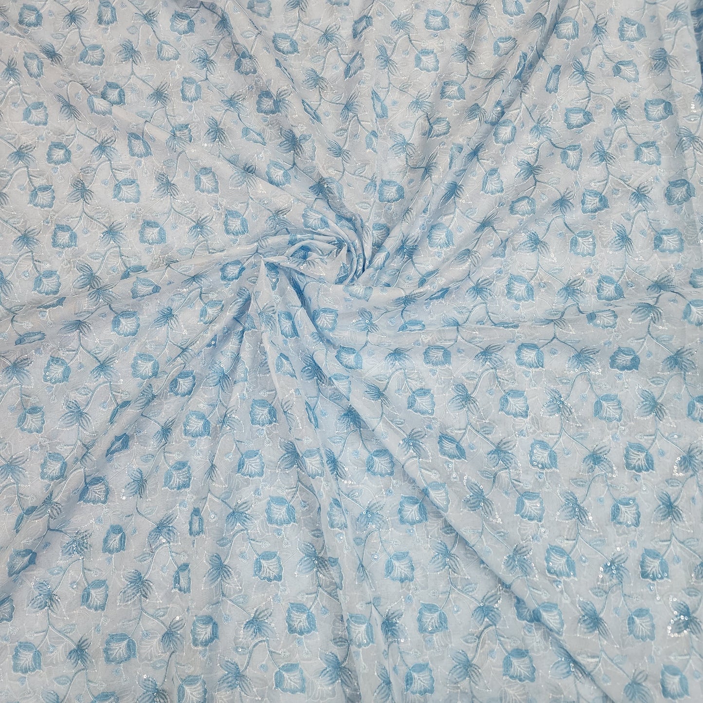 Blue Organza Position Embroidered With Print 44"