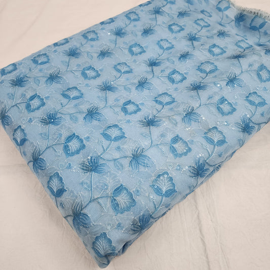 Blue Organza Position Embroidered With Print 44"