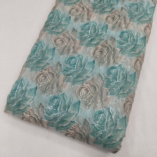 Sea Green Organza Position Embroidery With Print 44"