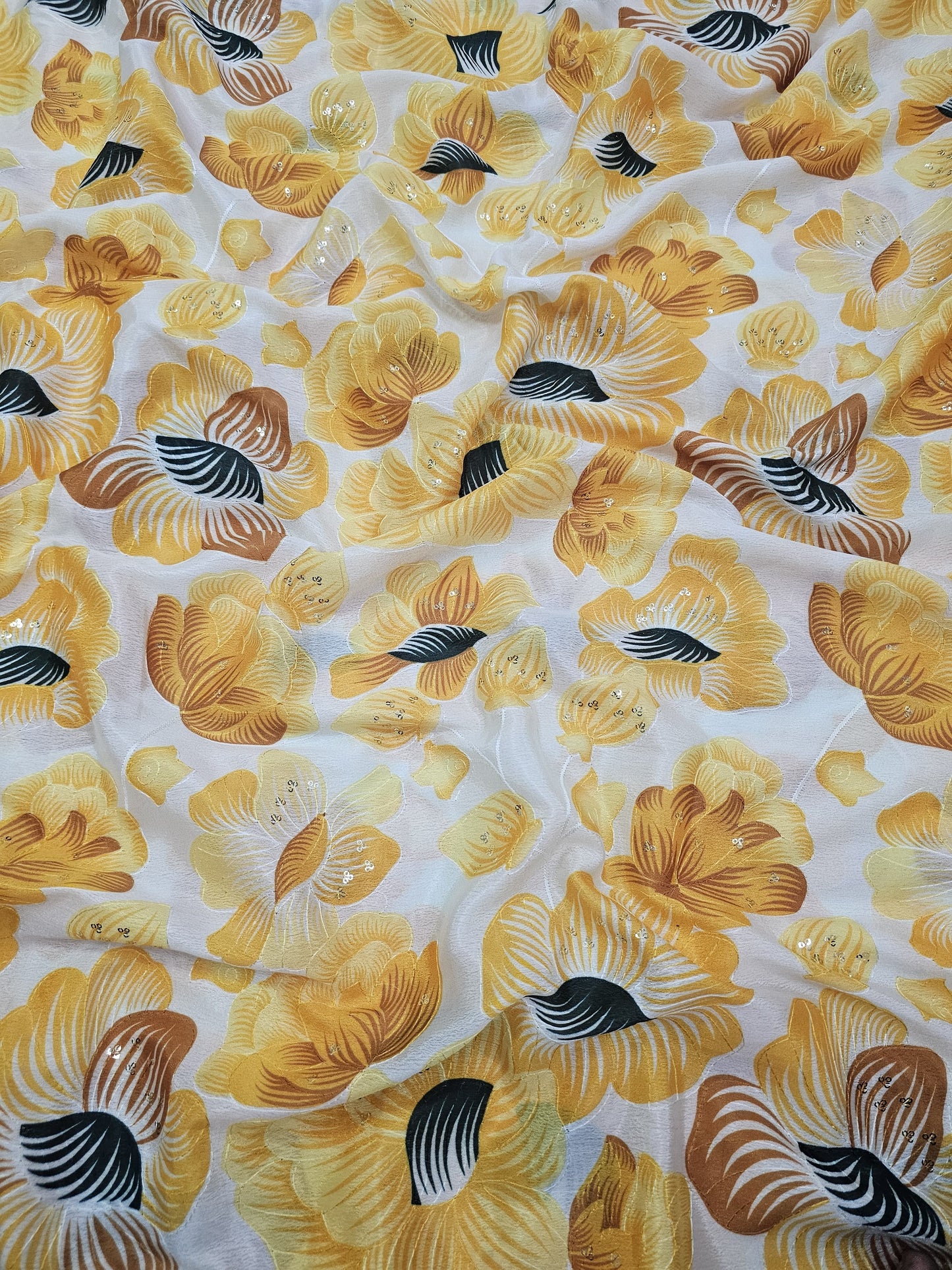 Yellow Floral Position Print On Chinon fabric