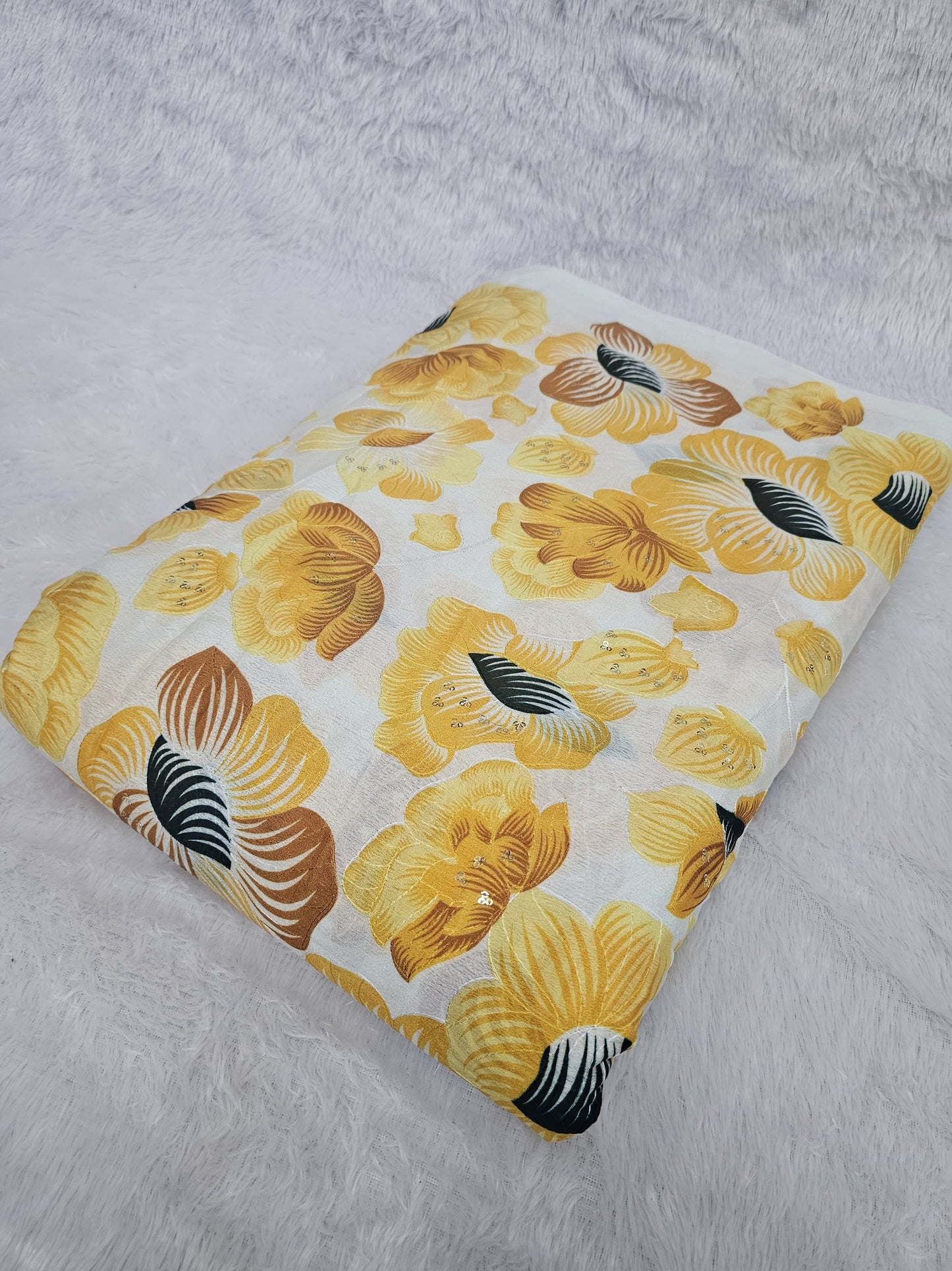Yellow Floral Position Print On Chinon fabric