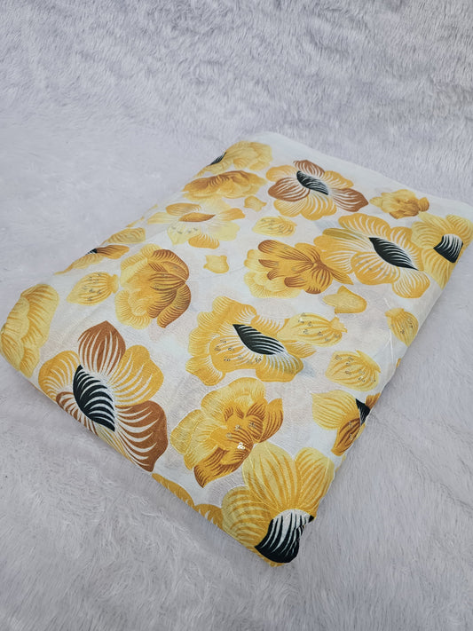 Yellow Floral Position Print On Chinon fabric
