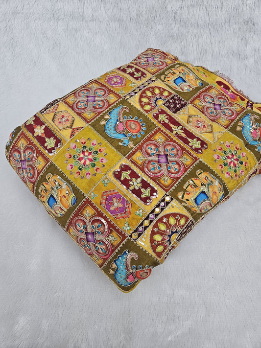 Yellow Multi Color Heavy Floral Position Print On Pure Natural Crepe Fabric