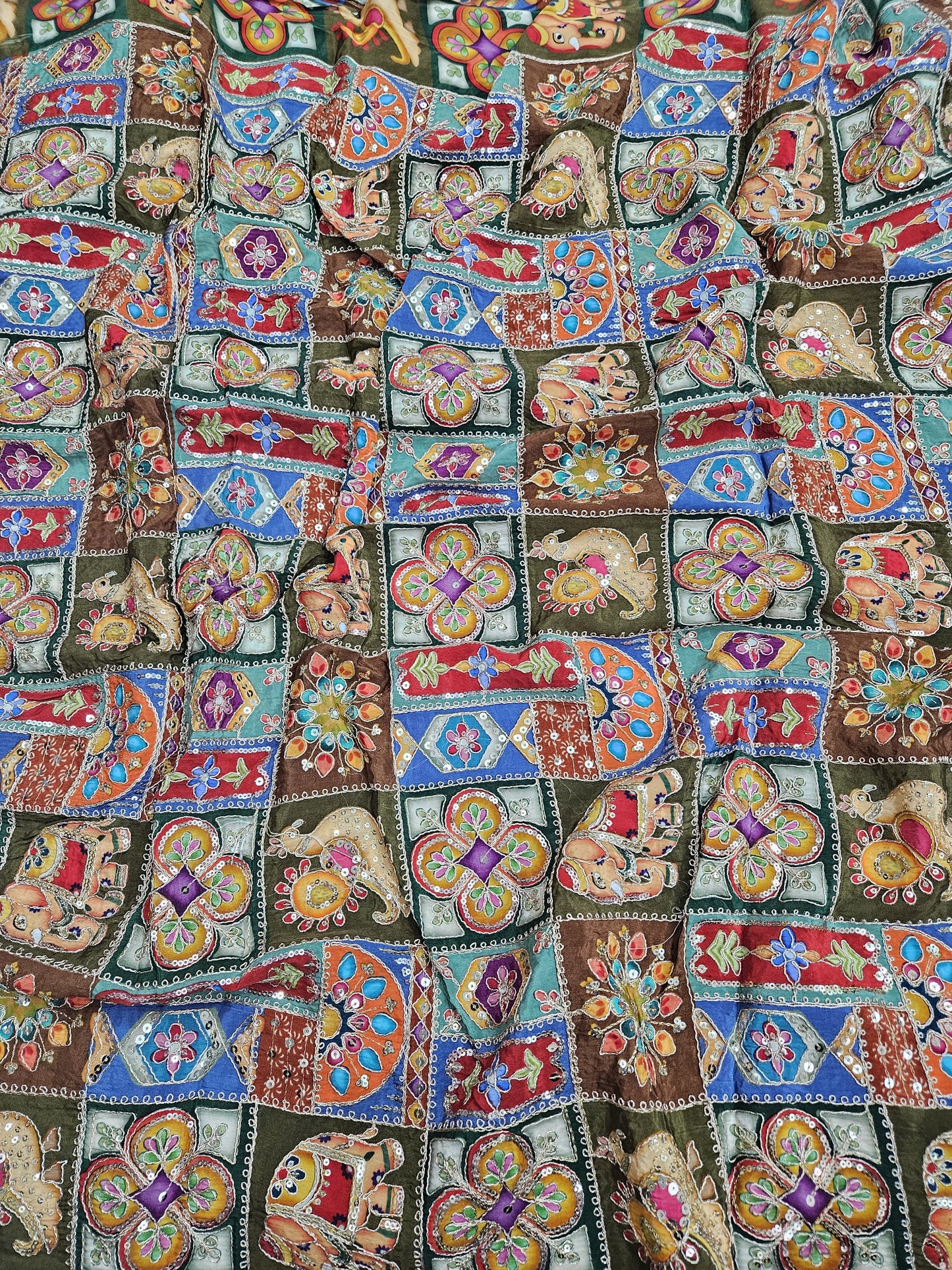 Green Multi Color Heavy Floral Position Print On Pure Natural Crepe Fabric