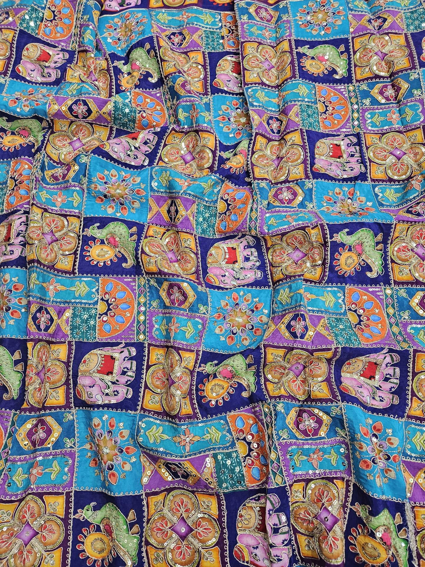 Blue Multi Color Heavy Floral Position Print On Pure Natural Crepe Fabric