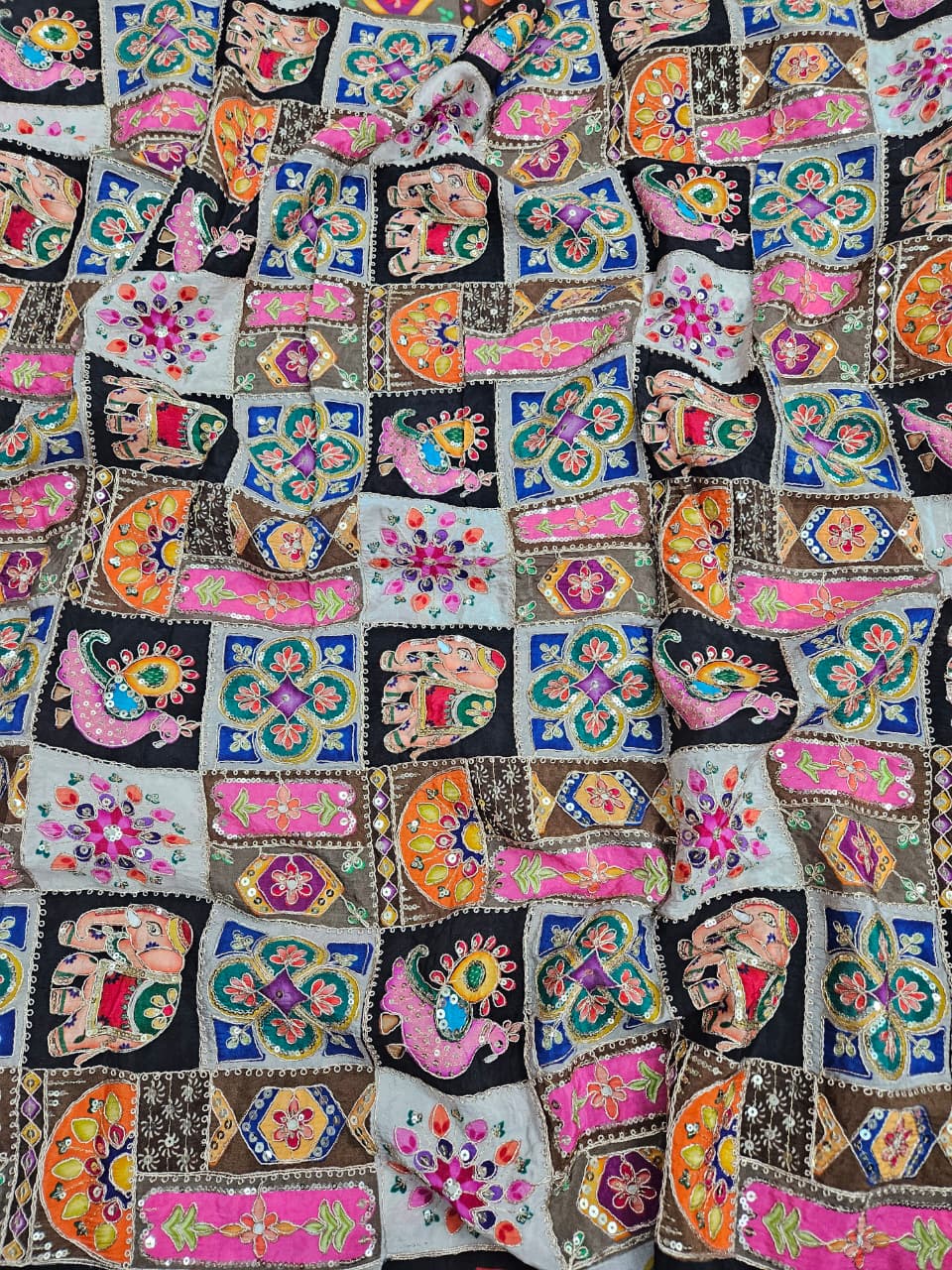 Black Multi Color Heavy Floral Position Print On Pure Natural Crepe Fabric